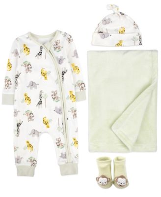 Baby Essentials - Baby Boys 4-Piece Safari Coverall and Blanket Set