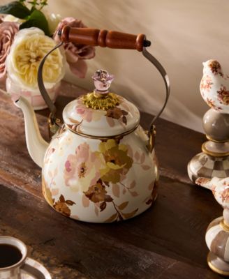 Wild Rose White Enameled 2-Qt. Tea Kettle