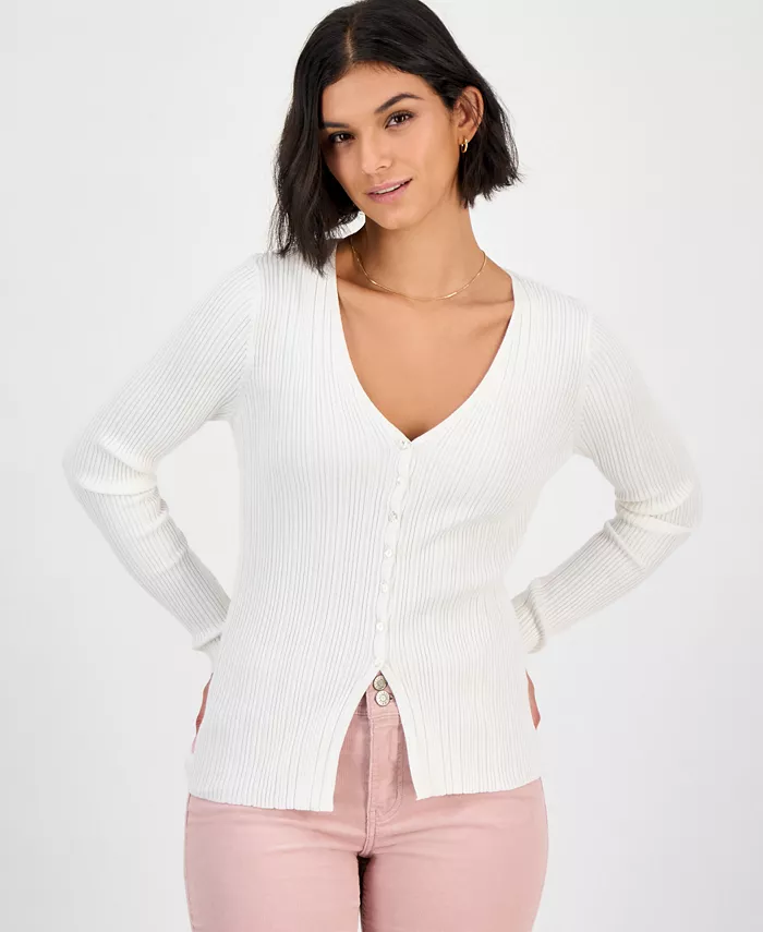 Juniors' V-Neck Ribbed Fine Gauge Flyaway Sweater