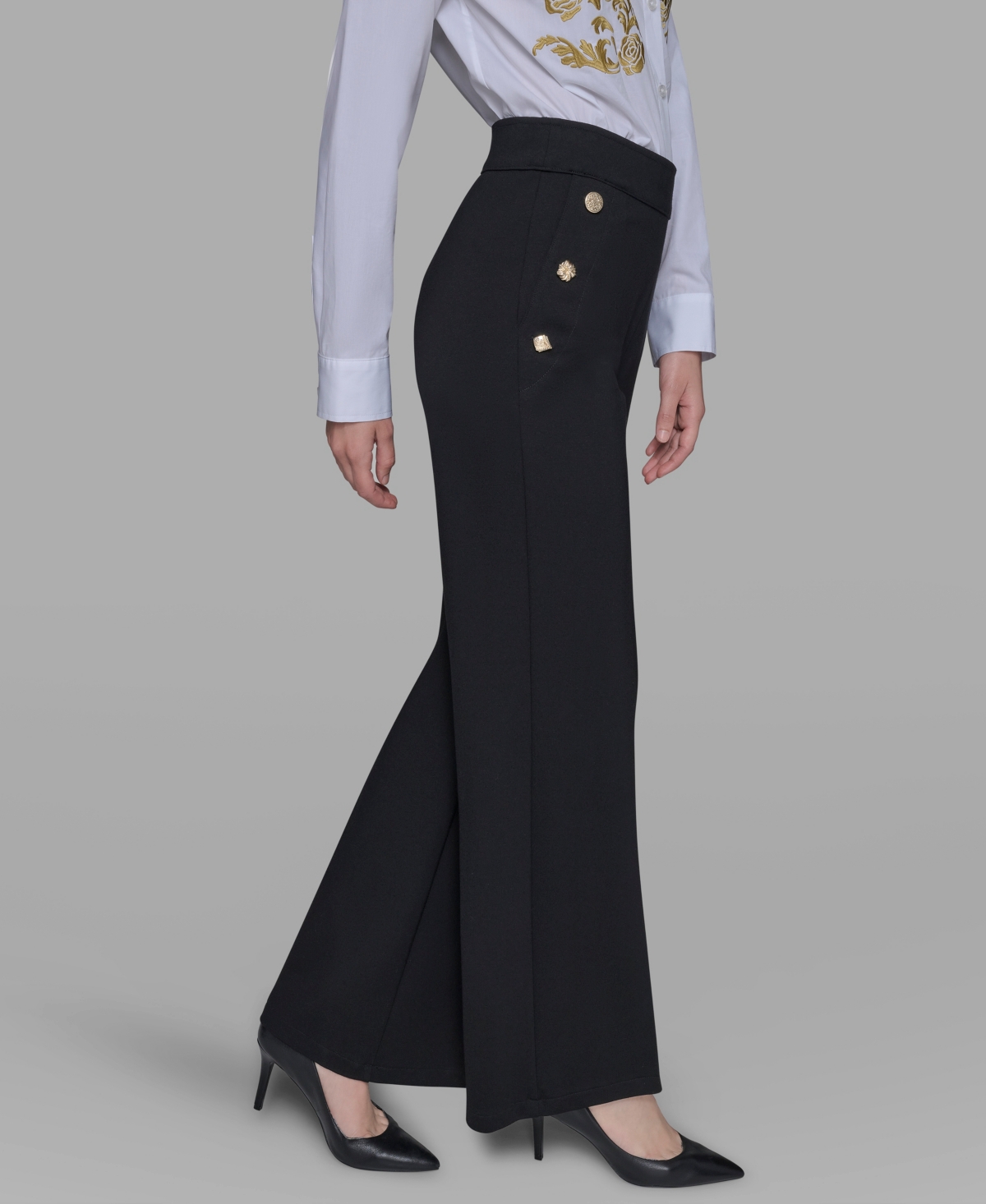 Karl Lagerfeld Womens Side Button Wide Leg Ponte Pants P Xs Xl In Black