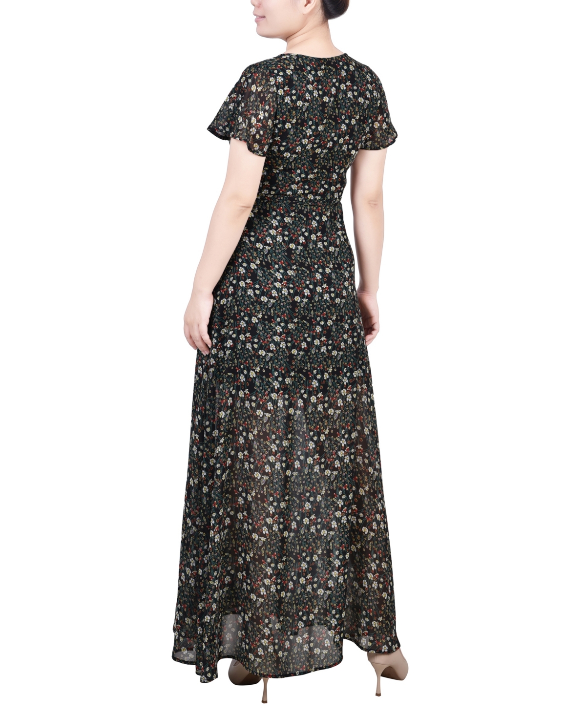 Ny Collection Petite Short Sleeve Chiffon Wrap Maxi Dress In Black