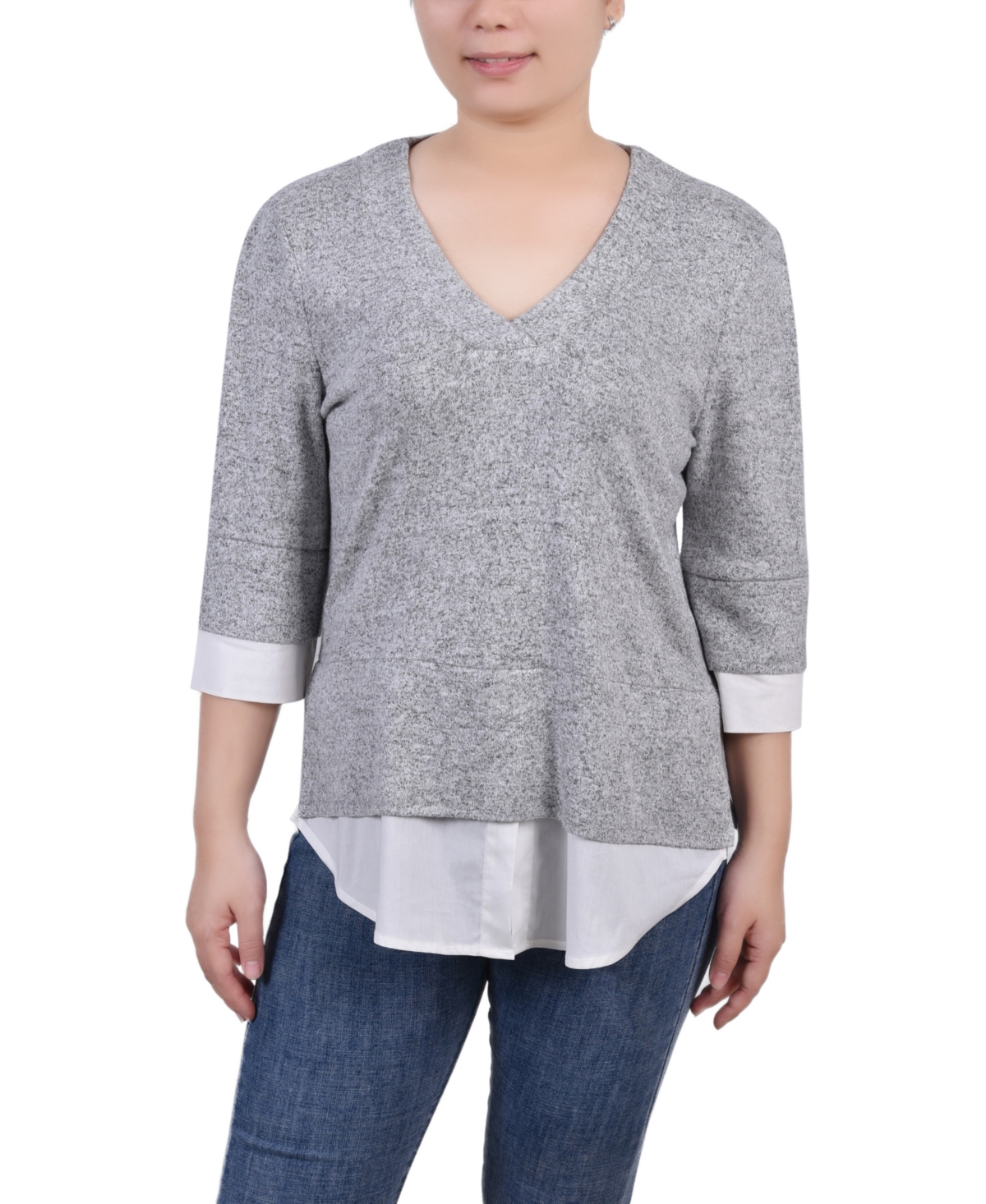 Ny Collection Petite Long Sleeve 2-in 1 Top In Gray