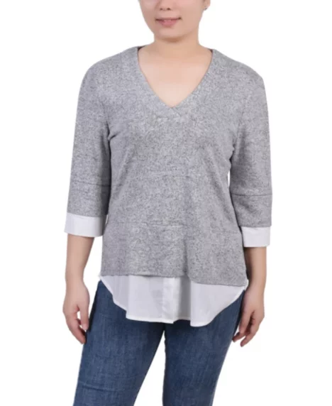 Petite Long Sleeve 2-In 1 Top - Hgrey White