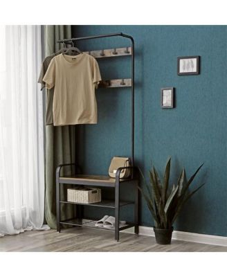 Modern Industrial Hall Tree with Coat Rack and Shoe Storage Bench for Entryway