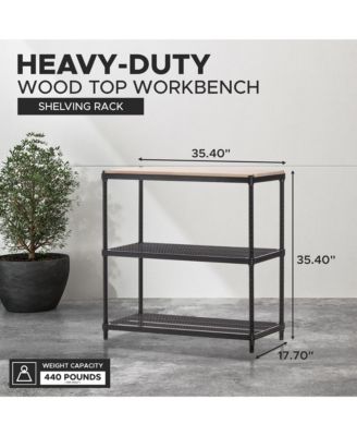 MeshWorks Shelving Rack, Metal Mesh Shelf Unit with Wood Top, Black