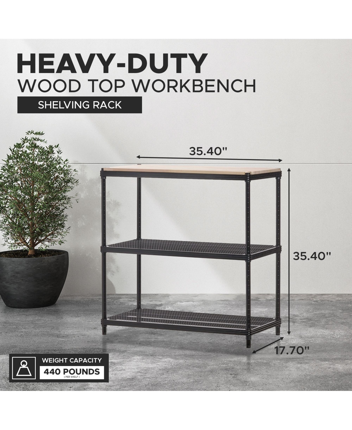 Design Ideas MeshWorks Shelving Rack, Metal Mesh Shelf Unit with Wood Top, Black