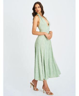Women Magda Mint Green Deep V Neck Halter A-line Midi Dress