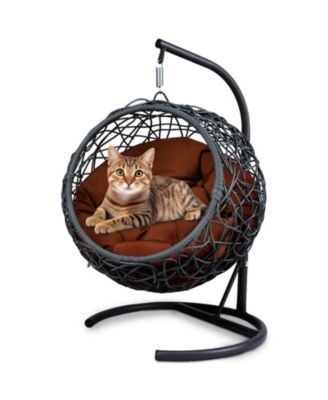 Cat Swing Bed with Stand & Cushion, Cat Egg Chair with Rattan Wicker Appearance, Indoor Hanging Swinging Cat Bed for Cats, Small Dogs, and Small Animals, Brown