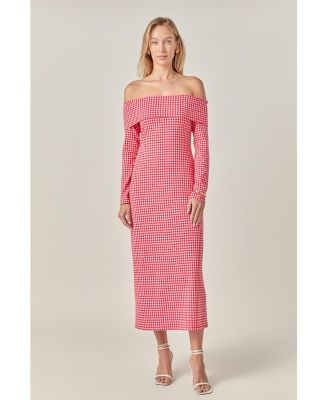 Women's GINGHAM OFF THE SHOULDER MIDI DRESS