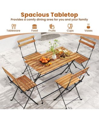 5 PCS Patio Acacia Wood Dining Set w/ 4 Folding Chairs Slatted Seat & Tabletop