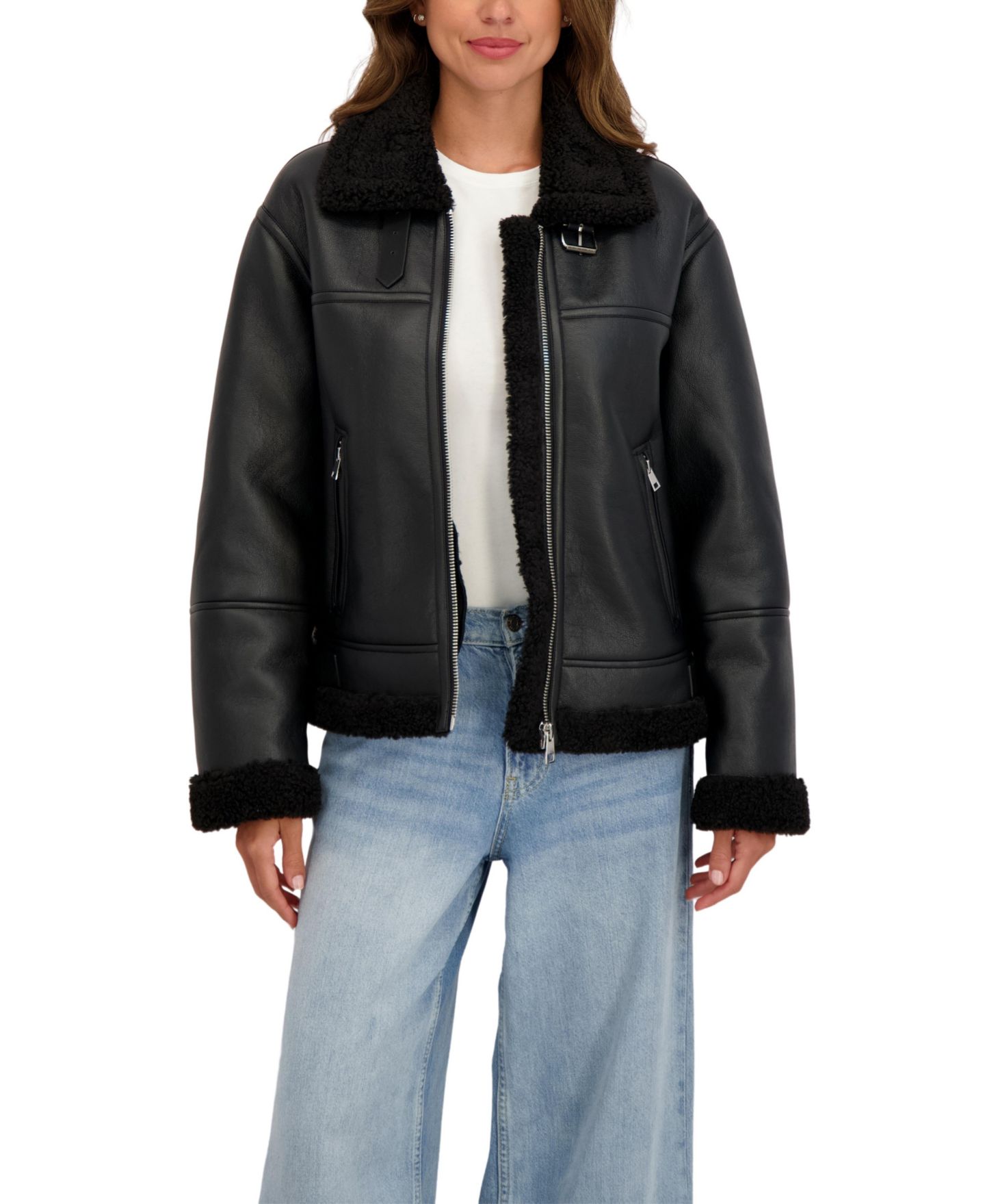 Женская куртка Sebby Collection Zip Front Faux Shearling, цвет: Чёрный — фото 4