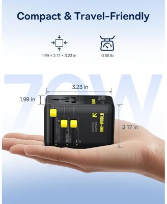 70W Universal Travel Adapter with Retractable Cable, 6-in-1 International Plug Adapter, USB-C PD Fast Charging Worldwide Wall Charger