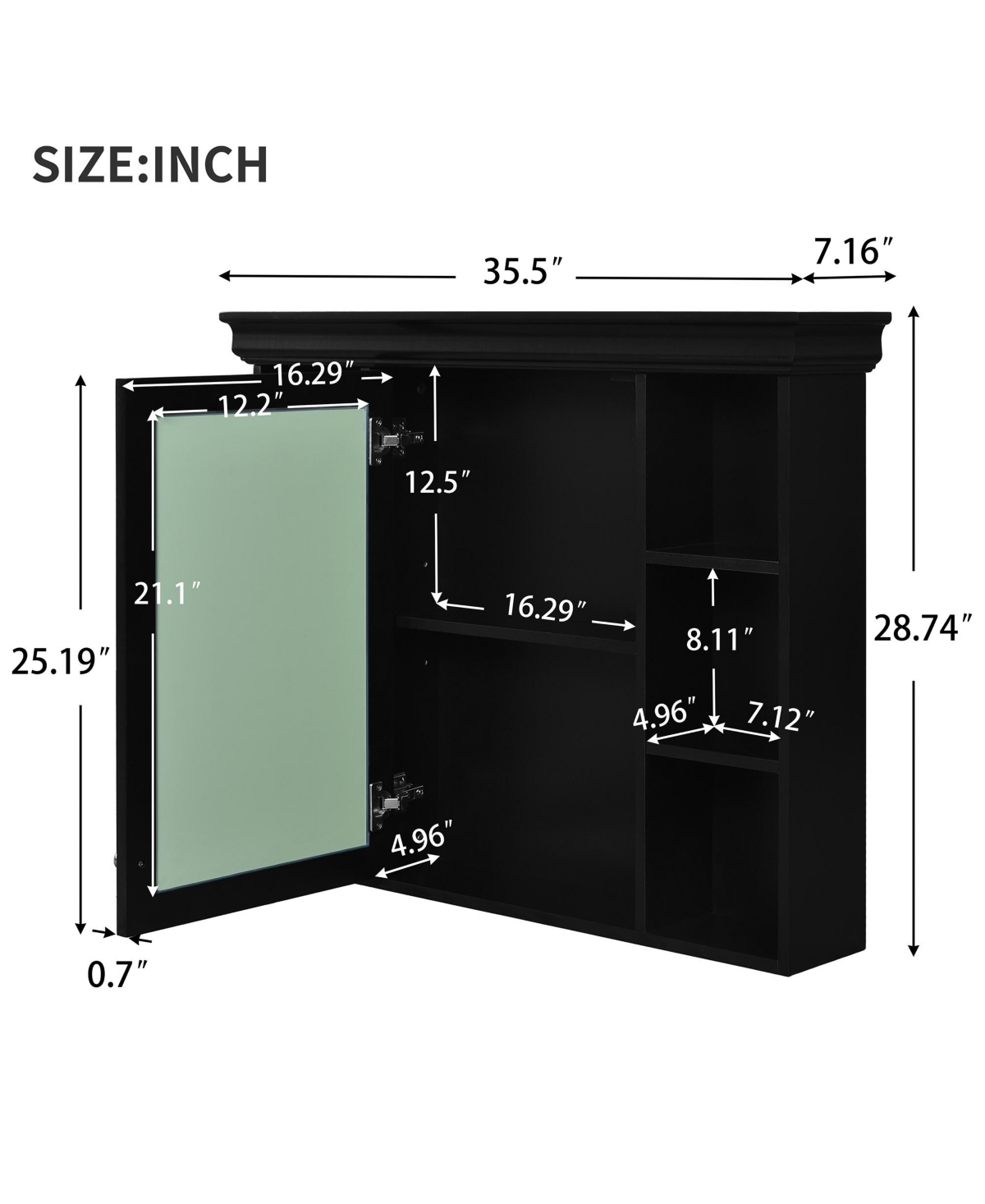 Casainc 35" x 28" Wall Mounted Medicine Cabinet with Mirror Door and 6 Open Shelves, Modern Bathroom