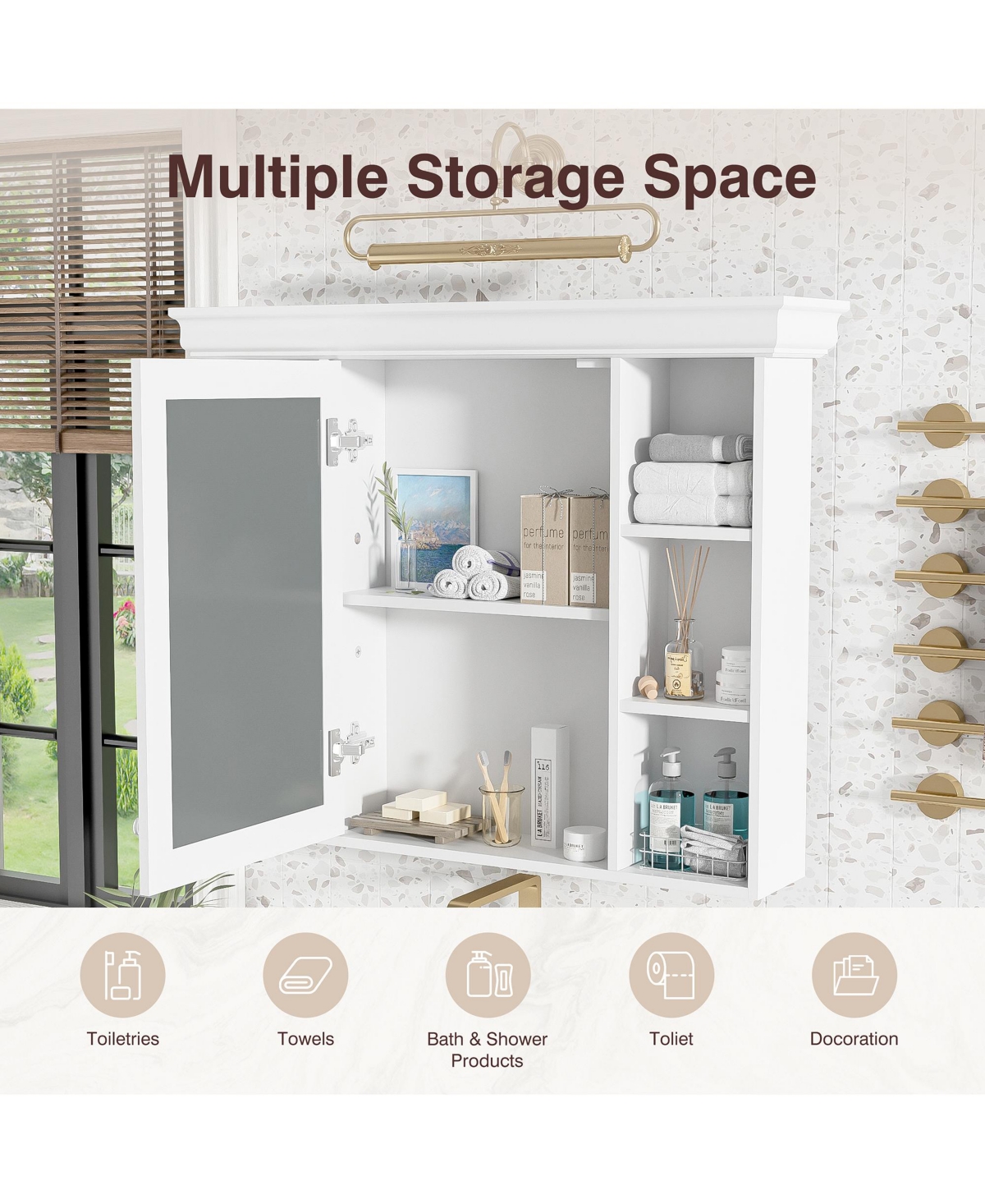 Casainc 35" x 28" Wall Mounted Medicine Cabinet with Mirror Door and 6 Open Shelves, Modern Bathroom Cabinet