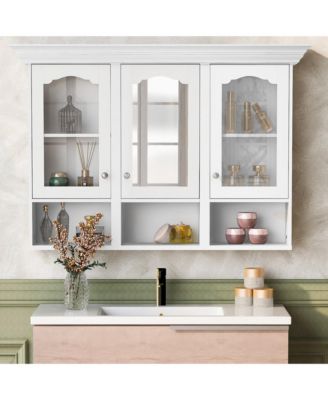 47" MDF Mirror Adjustable-Shelf Wall-Mounted Bathroom Storage Cabinet