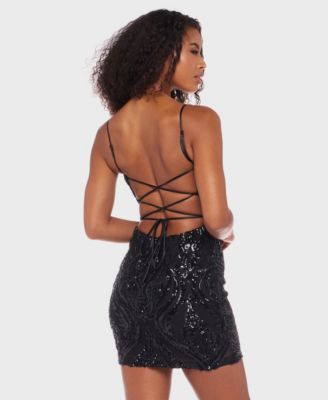 Juniors' Strappy Mesh Sequin Bodycon Dress