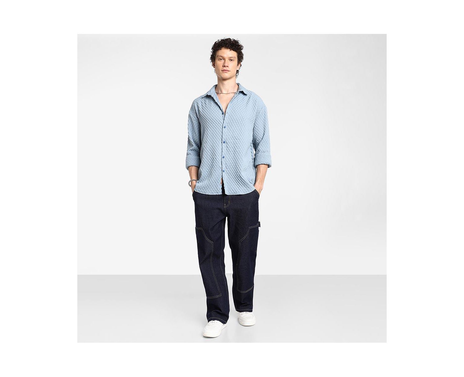 Men's Cornflower Blue Cubic-Textured Oversized Shirt