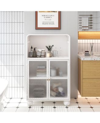 45.28" Freestanding Bathroom Floor Cabinet With Glass Door and Open Storage Shelves