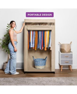 Portable Wardrobe Closet - Premium Metal Hanging Rod with Beige Cover- 65 Lb. Weight Capacity- Super Easy Assembly, No Tools Required