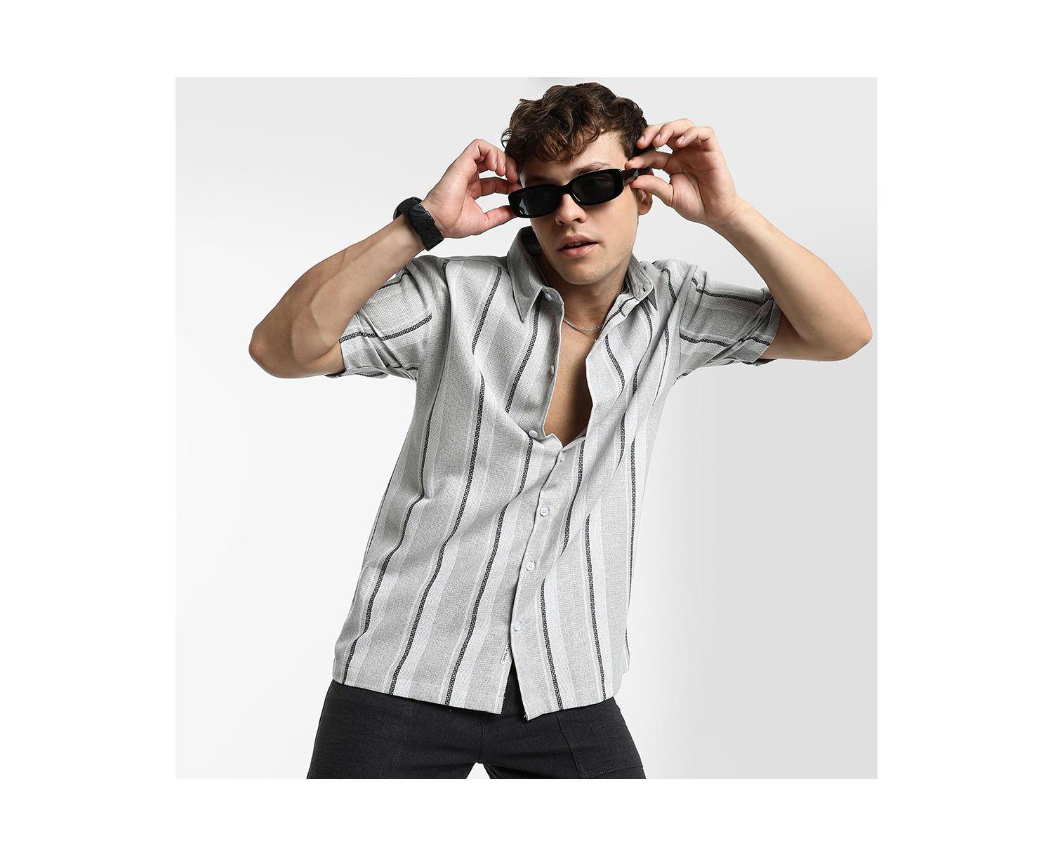 Men's Ash Grey Unbalanced Striped Shirt
