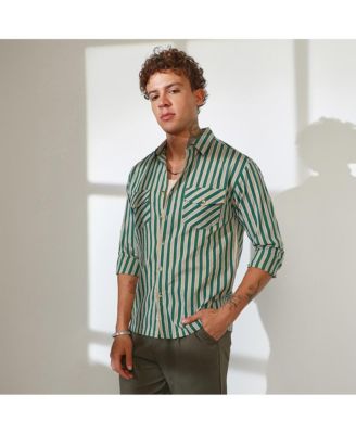 Men's Forest Green & Khaki Beige Candy Striped Oversized Shirt