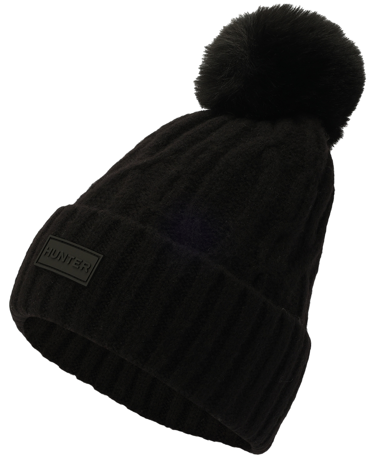 Hunter Faux-fur-pom Cable-knit Beanie In Black