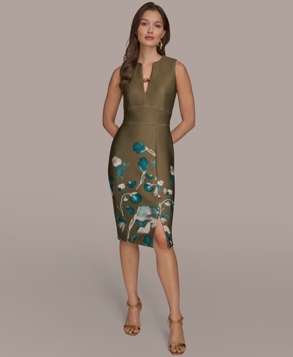 Donna Karan New York Floral Print Sleeveless Sheath Dress In Green