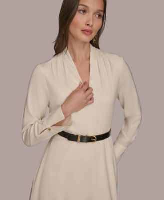 Women's Satin V-Neck Belted A-Line Midi Dress