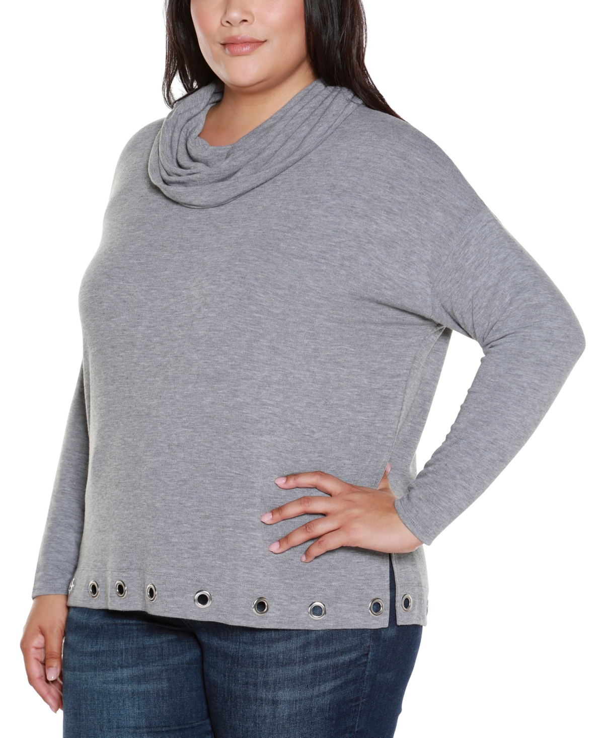 Belldini Plus Size Hacci Cowl Neck Knit Top In Gray