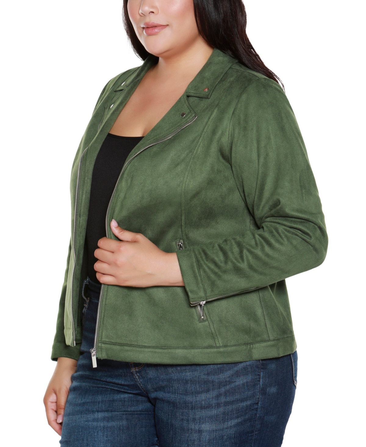 Belldini Plus Size Faux-suede Moto Jacket In Green