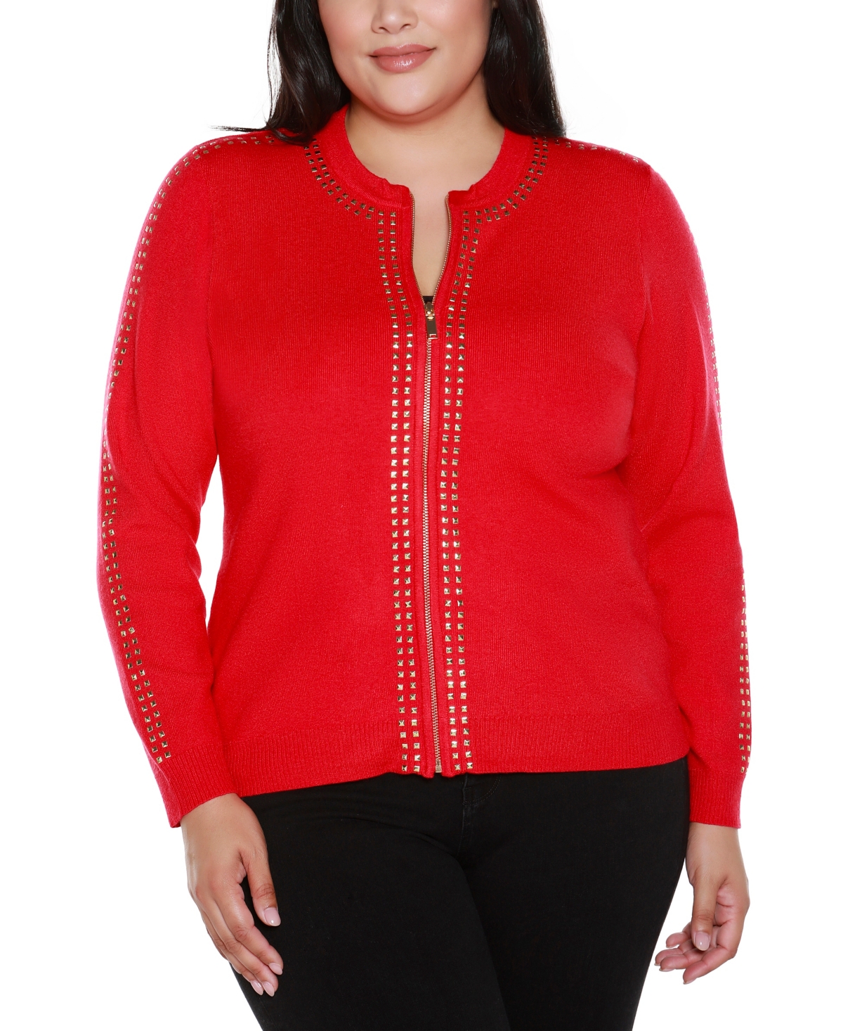 Belldini Plus Size Crewneck Embellished Zip Cardigan Sweater In Red