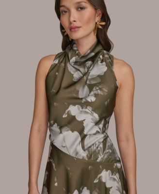 Petite Satin Asymmetrical Floral Midi Dress