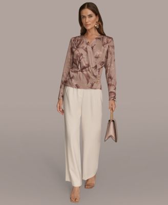 Donna Karan Womens Long Sleeve Printed Top Pleated Wide Leg Pants In Neutral