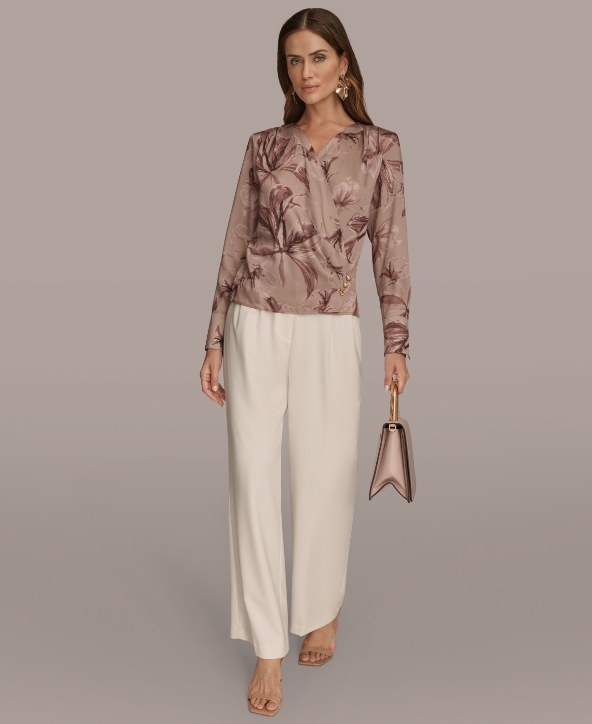 Donna Karan New York Floral Satin Surplice Top In Multi