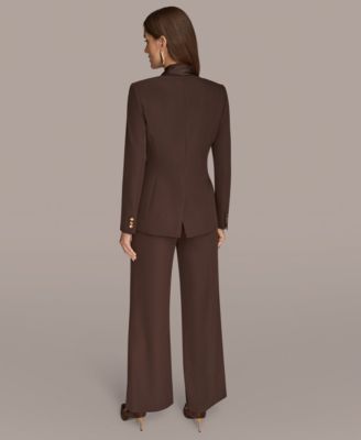 Donna Karan Womens Mixed Media Draped Neck Blazer High Waist Wide Leg Pant In Brown