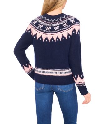Women's Crewneck Ribbon Fair Isle Long-Sleeve Sweater