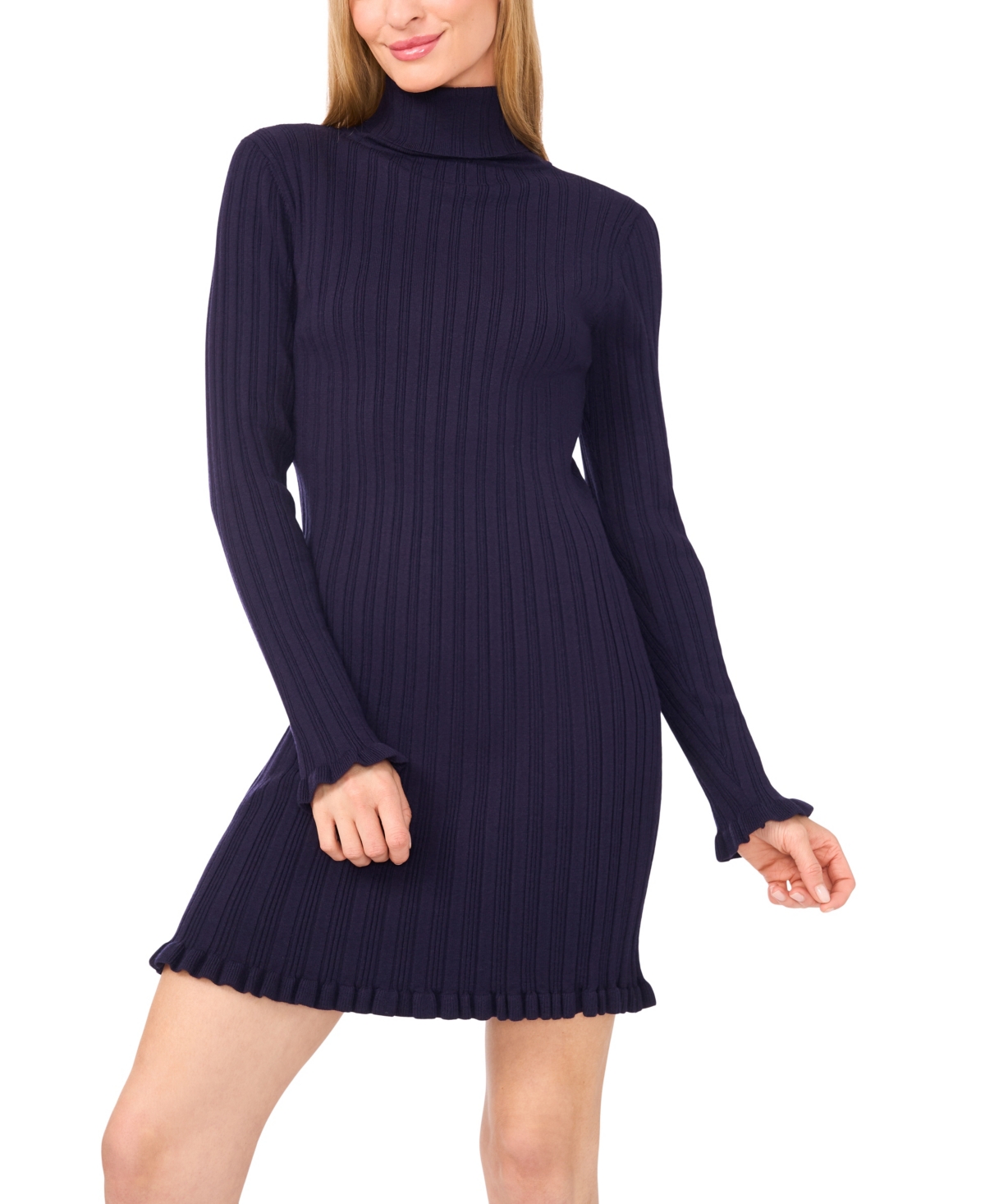 Cece Women's Turtle Neck Ribbed Sweater Dress In Blue