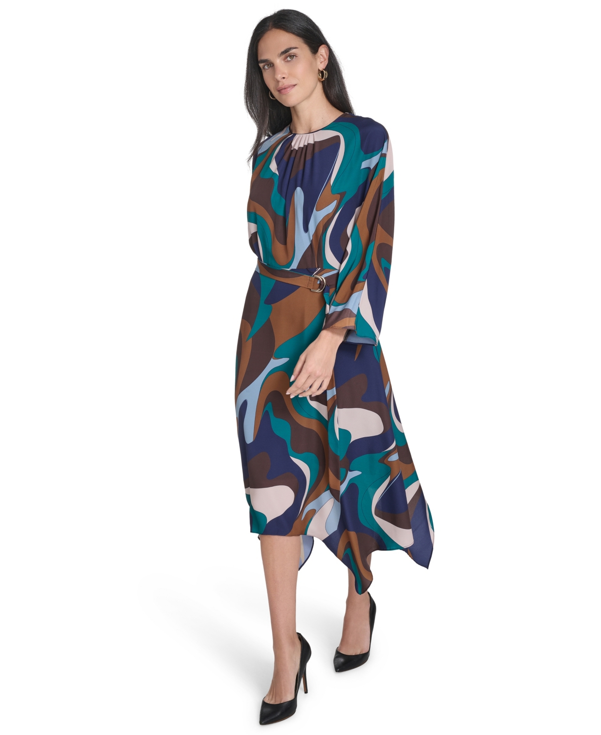 Jessica Howard Petite Crewneck Belted Handkerchief Hem Midi Dress In Multi