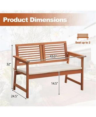 Solid Wood Outdoor Patio Garden Bench with Slatted Back, Armrests, and Seat Cushion