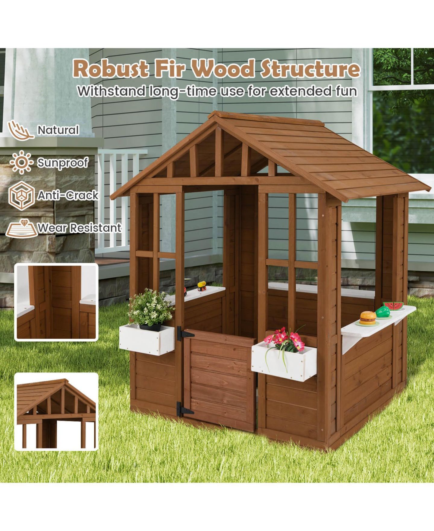 Детская игрушка Costway Outdoor Playhouse Wood Adventures Cottage with Serving Stations & Door, цвет: Натуральный — фото 9