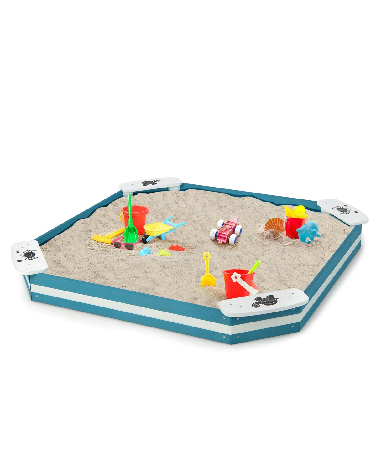 Costway Outdoor Wooden Sandbox with Animal Patterns Seats Backyard Bottomless Sandpit
