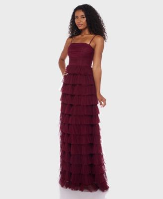 Juniors' Spaghetti Strap Square Neck Ruffle Gown
