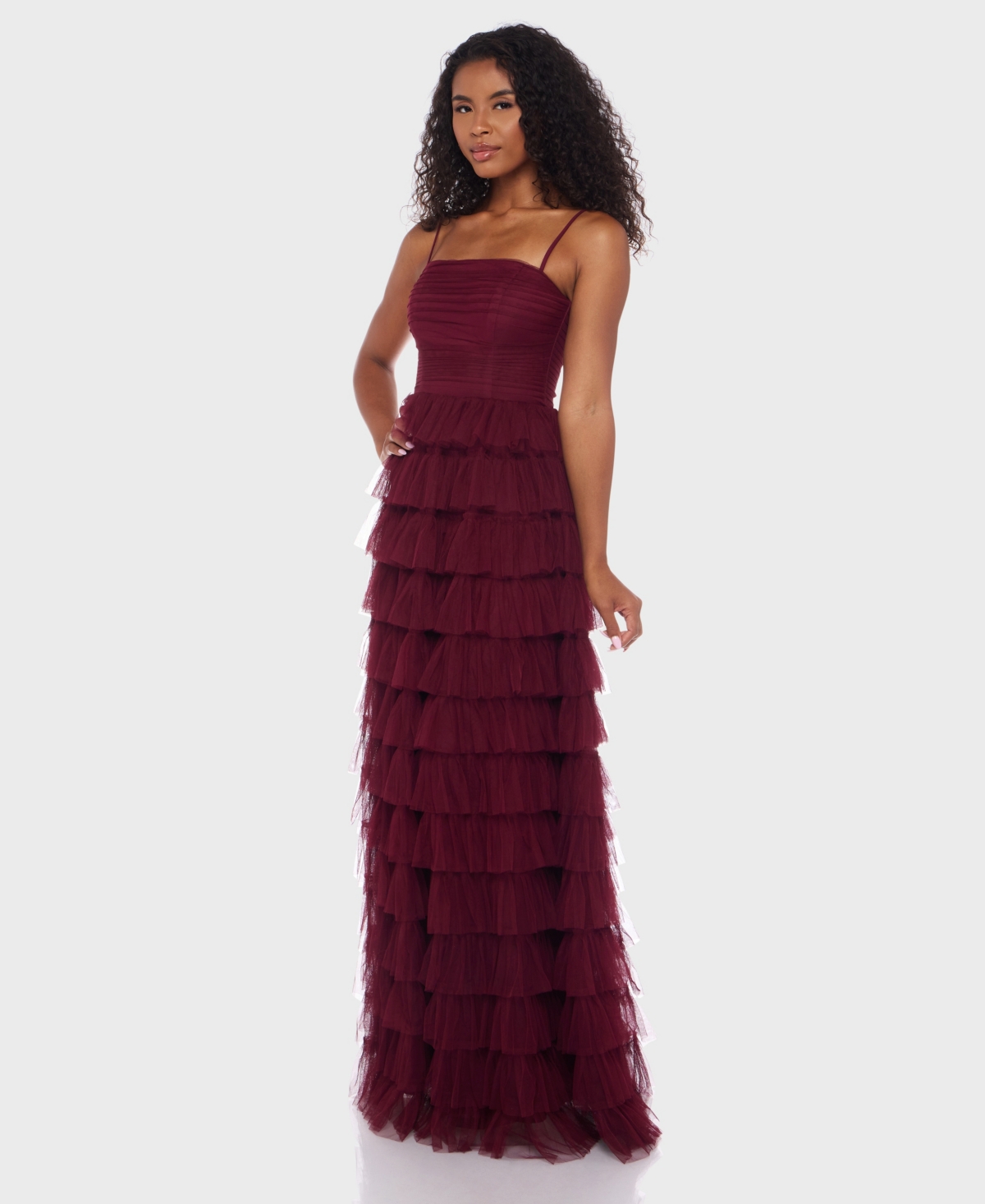 B Darlin Junior's Spaghetti Strap Square Neck Ruffle Dress In Brown