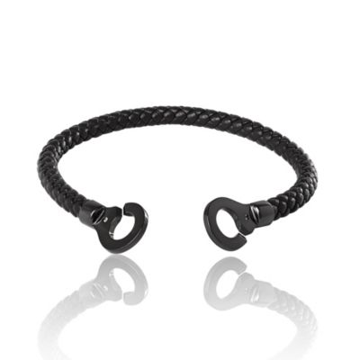 Men's Braided Leather Bracelet with Matte Black Hook Clasp - 8.5''