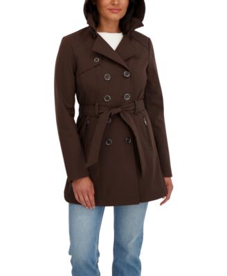 Women's Belted Double Breasted Soft Shell Trench Coat With Detachable Hood