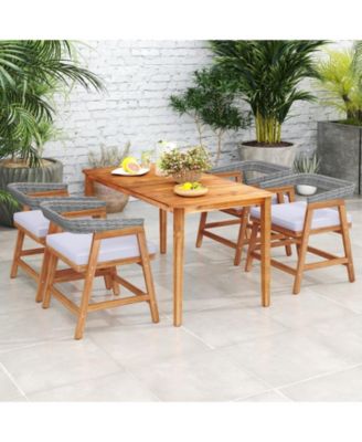 5PCS Patio Dining Set Solid Wood Furniture w/ Rattan Backrest & Seat Cushions