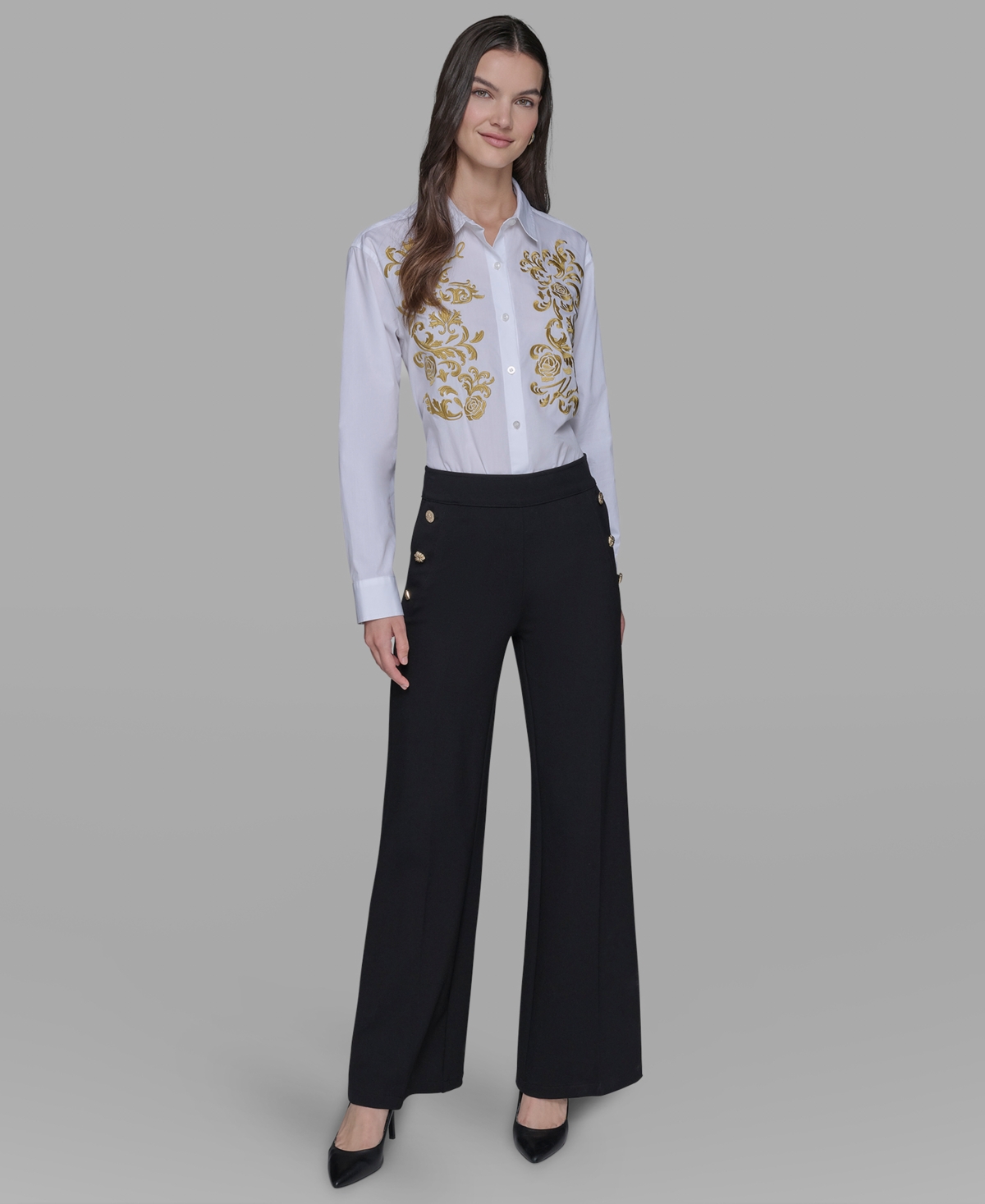 Karl Lagerfeld Womens Side Button Wide Leg Ponte Pants P Xs Xl In Black