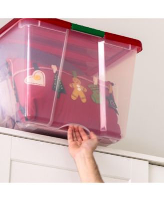 94 Quart Stackable Holiday Plastic Storage Bins with Lids and Latching Buckles, Clear/Red - 2 Pack