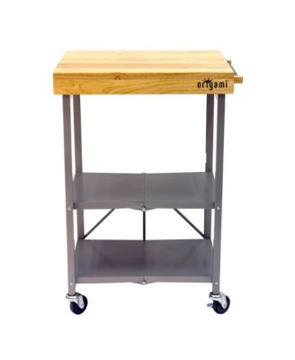Foldable Wheeled Portable Solid Wood Top Kitchen Island Bar Cart, Silver