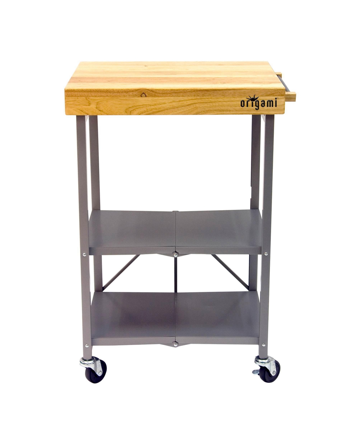 Origami Foldable Wheeled Portable Solid Wood Top Kitchen Island Bar Cart, Silver
